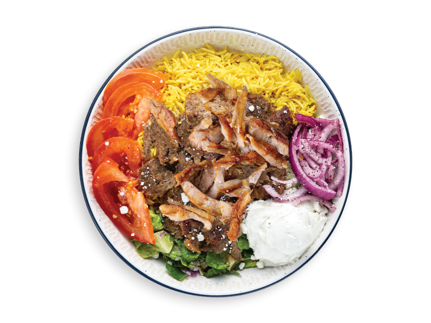 Chicken shawarma and gyro bowl with rice, fries or fattoush salad, spicy garlic, tzatziki, onions, tomatoes and lettuce