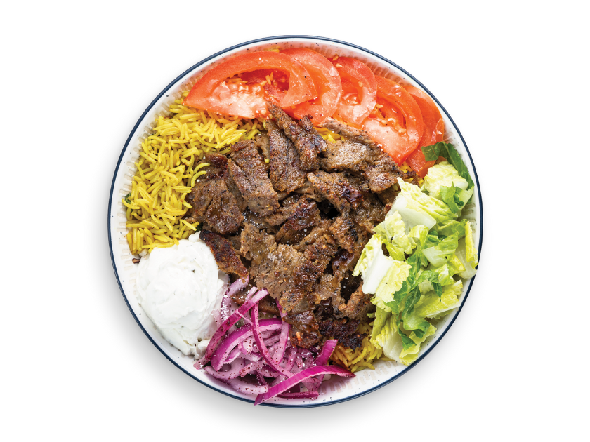 Beef and lamb gyro served over basmati rice with spicy garlic, tzatziki, onions, tomatoes and lettuce