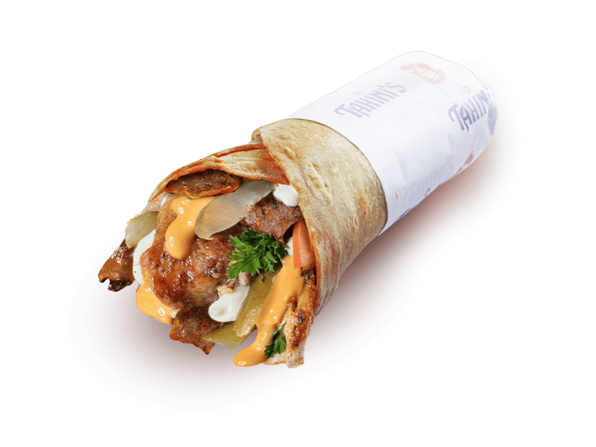 Chicken and gyro shawarma wrap rolled in saj bread with original toppings